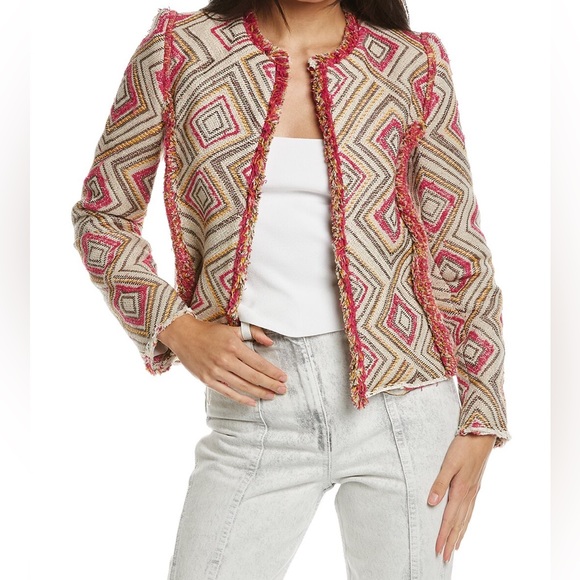 IRO Kolie Jacket Women's 42 Jacquard Geo Patterned Fringe Tweed Beige Pink - Picture 1 of 7